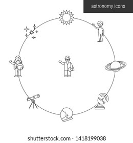 astronomy icon set with spaceman star comet planet moon rocket ufo alien