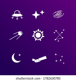 Astronomy Icon Set Vector, Include UFO, Stars, Black Hole, Satelitte, Sun, Outline With Stars, Cresent Moon, Flat Design Simple