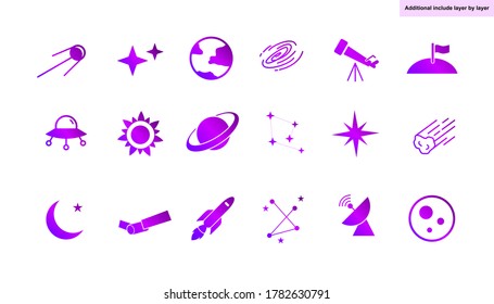 astronomy icon set vector, include UFO, stars, saturn, blackhole, telescope, landing flag, sun, earth, aries, moon, rocket, transmitter, and comet, flat design simple modern