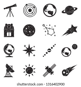 Astronomy Icons. Black Scribble Design. Vector Illustration.