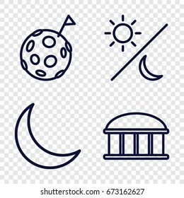Astronomy icons set. set of 4 astronomy outline icons such as observatory, crescent, sun and moon