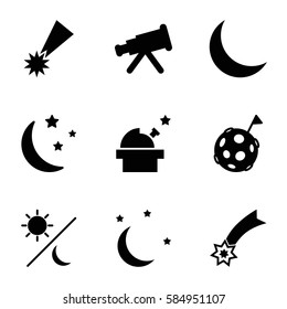 astronomy icons set. Set of 9 astronomy filled icons such as moon and stars, crescent, sun and moon, flag on moon, observatory, falling star