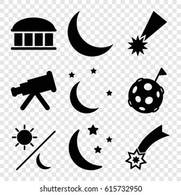 Astronomy icons set. set of 9 astronomy filled icons such as observatory, moon and stars, crescent, sun and moon, flag on moon, falling star