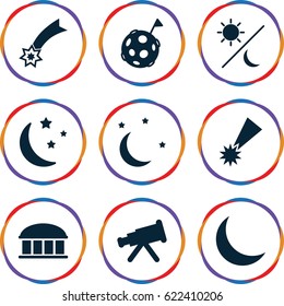 Astronomy icons set. set of 9 astronomy filled icons such as observatory, moon and stars, crescent, sun and moon, flag on moon, falling star