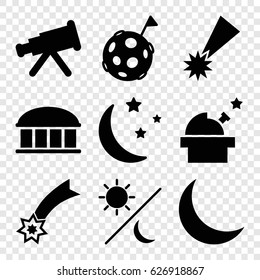 Astronomy icons set. set of 9 astronomy filled icons such as observatory, moon and stars, crescent, sun and moon, flag on moon, falling star