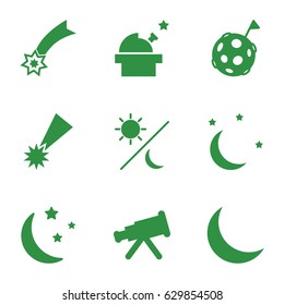 Astronomy icons set. set of 9 astronomy filled icons such as moon and stars, crescent, sun and moon, flag on moon, observatory, falling star