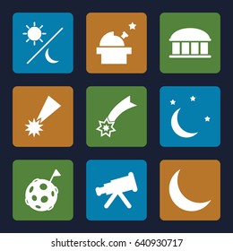 Astronomy icons set. set of 9 astronomy filled icons such as observatory, crescent, moon and stars, sun and moon, flag on moon, falling star