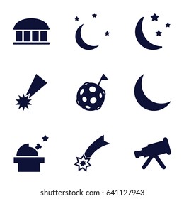 Astronomy icons set. set of 9 astronomy filled icons such as observatory, moon and stars, crescent, flag on moon, falling star