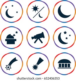 Astronomy icons set. set of 9 astronomy filled icons such as observatory, moon and stars, crescent, sun and moon, falling star