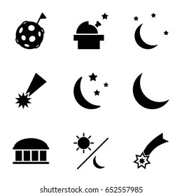 Astronomy icons set. set of 9 astronomy filled icons such as observatory, moon and stars, crescent, sun and moon, flag on moon