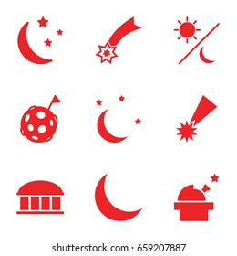 Astronomy icons set. set of 9 astronomy filled icons such as observatory, moon and stars, crescent, sun and moon, flag on moon