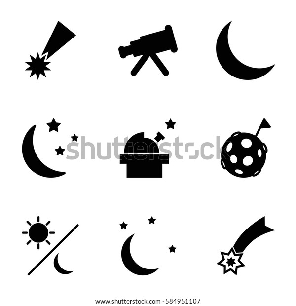 astronomy icons set. Set of 9 astronomy filled icons\
such as moon and stars, crescent, sun and moon, flag on moon,\
observatory, falling\
star