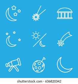 Astronomy icons set. set of 9 astronomy outline icons such as observatory, moon and stars, crescent, sun and moon, falling star, telescope