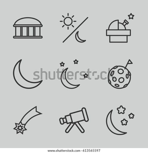 Astronomy icons set. set of 9 astronomy outline\
icons such as observatory, moon and stars, crescent, sun and moon,\
telescope, flag on\
moon