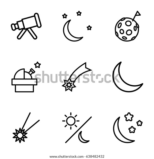 Astronomy icons set. set of 9 astronomy outline\
icons such as moon and stars, crescent, sun and moon, falling star,\
telescope, flag on\
moon