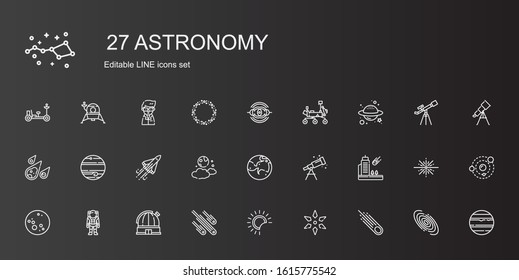 astronomy icons set. Collection of astronomy with asteroid, science, eclipse, meteorites, observatory, astronaut, moon, meteorite, telescope. Editable and scalable astronomy icons.