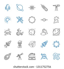 astronomy icons set. Collection of astronomy with asteroids, lander, observatory, telescope, meteorite, moon phases, space shuttle, solar system. Editable and scalable astronomy icons.