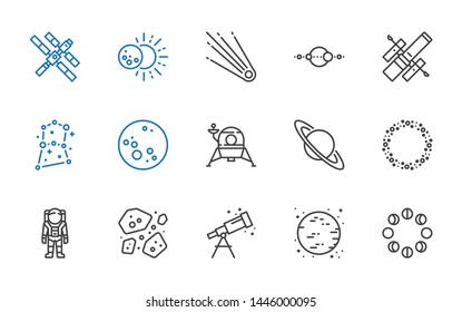 astronomy icons set. Collection of astronomy with moon phases, moon, telescope, asteroids, astronaut, asteroid, saturn, lander, constellation. Editable and scalable astronomy icons.