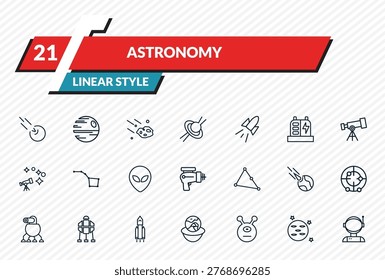 astronomy icons set - comet, death star, aerolite, neptune with satellite, astronaut ingravity outline vector collection.