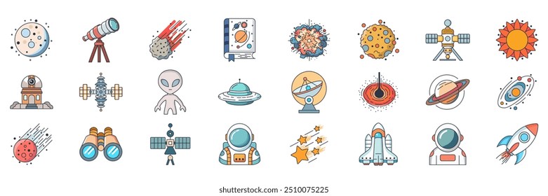 conjunto de ícones de astronomia, Ícones incluídos como Asteroide, Binóculos, Satélite, Foguete e mais coleção de símbolos, ilustração de vetor isolado logotipo