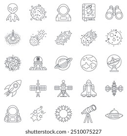 astronomy icons set, Included icons as Asteroid, Binoculars, Satellite, Rocket and more symbols collection, logo isolated vector illustration
