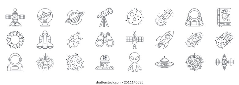 astronomy icons set, Included icons as Asteroid, Binoculars, Satellite, Rocket and more symbols collection, logo isolated vector illustration
