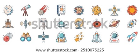 astronomy icons set, Included icons as Asteroid, Binoculars, Satellite, Rocket and more symbols collection, logo isolated vector illustration