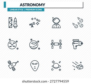 astronomy icons set - launching shuttle, astronomy, spaceman, laser gun, aerolite outline vector collection.