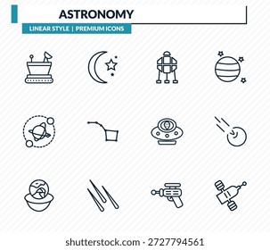 conjunto de ícones de astronomia - moonwalker, lua crescente, módulo espacial, cometa, satélite inclinado coleção vetor.