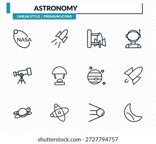 conjunto de ícones astronômicos - , foguete espacial, espaçoporto, foguete voando, coleção de vetor de contorno de meia lua.