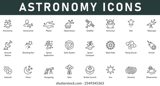 Astronomie Icons Vektorgrafik mit dünnen Linie editierbaren Schlaganfall enthält Planeten Satelliten Sterne Teleskop Universum Beobachtung Alien Rakete Start Mond Sonne Komet Sonnensystem Station