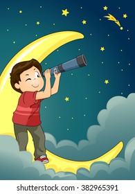 Astronomy Illustration Of A Kid Boy Star Gazing With A Telescope