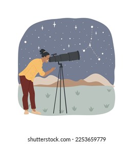 Astronomy isolated cartoon vector illustration. Man studying galaxy and looking at stars through telescope, space discovery, having astronomy hobby, people lifestyle vector cartoon.
