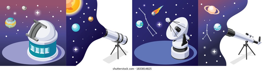 Astronomy isometric 4x1 design concept with images of electronic and optical telescopes with constellations of stars vector illustration