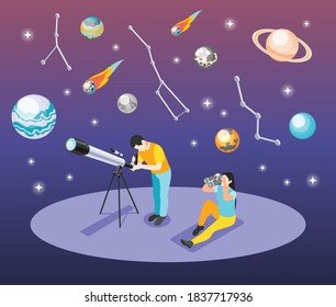 Composición de fondo isométrica astronómica con personajes humanos mirando a través del telescopio y binocular con constelaciones de ilustraciones vectoriales estelares