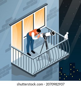 Astronomy isometric background with man studying galaxy through telescope from his balcony vector illustration