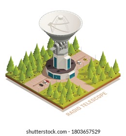 Astronomy isometric composition with big radio telescope 3d vector illustration