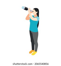 Astronomy isometric composition with female character looking into portable telescope vector illustration