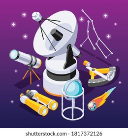 Isoometrische Astronomie-Komposition mit Symbolen von Beobachtungsgeräten mit Sternbildern auf violettem Farbverlauf-Hintergrund, Vektorgrafik