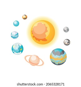 Astronomy isometric composition with images of planets spinning around the sun vector illustration