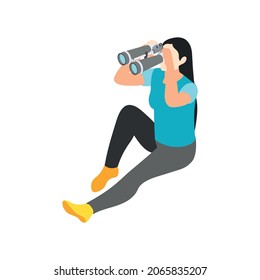 Astronomy isometric composition with sitting woman looking in binocular vector illustration