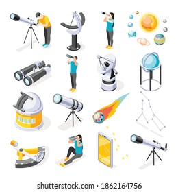 Sammlung von isometrischen Astronomie-Symbolen mit isolierten Bildern von Teleskopplaneten und Menschen mit modernem Observationsgerät, Vektorgrafik