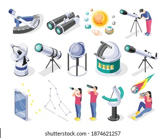 Astronomy isometric recolor set of isolated icons of telescopes radars and various observational facilities with people vector illustration