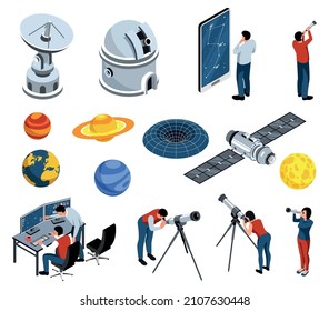 Astronomy isometric set of equipment for stars and galaxy explore isolated vector illustration