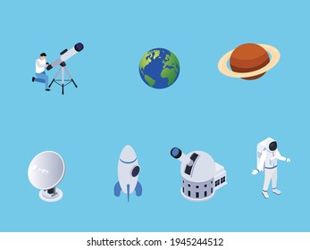 Astronomy isometric vector concepts. Astronomical telescopes with earth, saturn, antenna, spacecraft, planetarium and astronaut