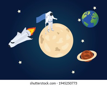 Conceptos vectores isométricos astronómicos. Astronauta exitoso aterrizando en un planeta y poniendo una bandera