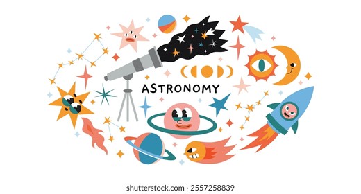 Astronomy lesson at school, science of space exploration. Oval composition with telescope, stars, planets, outer space, moon, sun and planets. Vector illustration isolated on white, hand drawn, flat