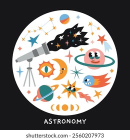 Astronomy lesson at school, science of space exploration. Round composition with telescope, stars, planets, outer space, moon, sun and planets. Vector illustration isolated on white, hand drawn, flat