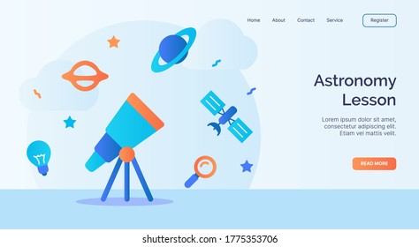 Astronomy lesson telescope satellite space icon campaign for web website home homepage landing template banner with cartoon flat style.