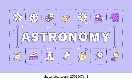 Astronomy light purple word concept. School subject. Natural science. Cosmos and universe. Typography banner. Vector illustration with title text, editable icons color